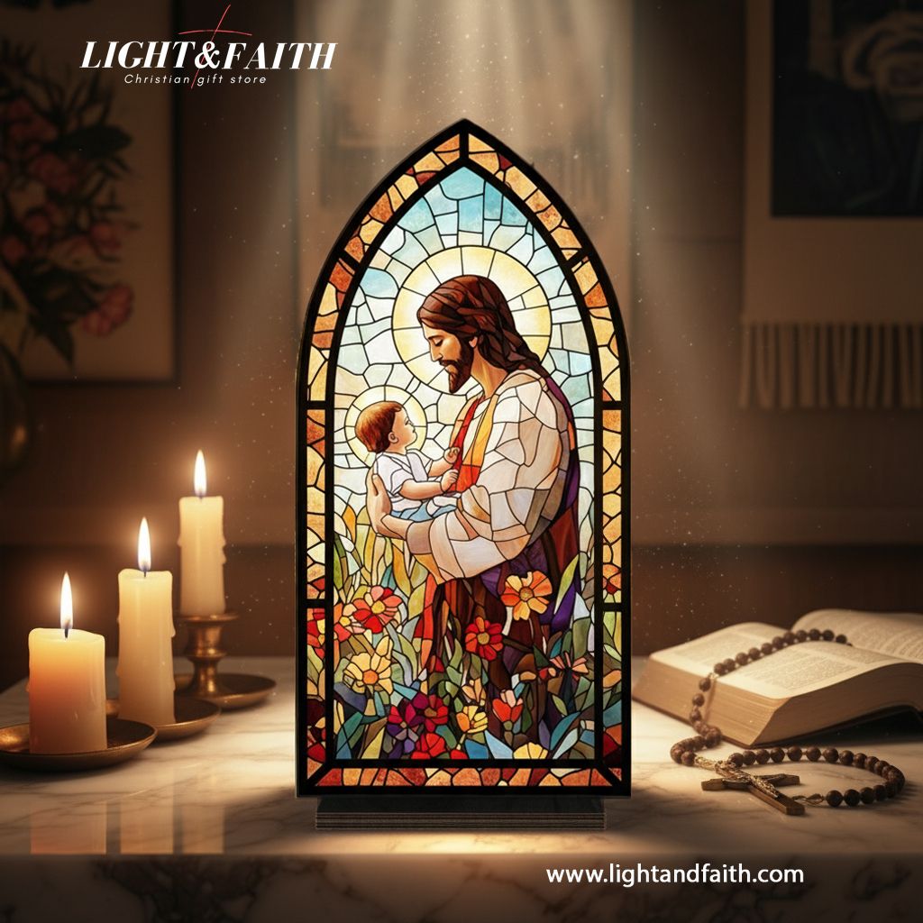 Jesus with Child Book Nook, Stained Glass Style Acrylic Decor, Christian Gift, Baptism and Baby Dedication Gift, Faith Home Decoration BNLAF11